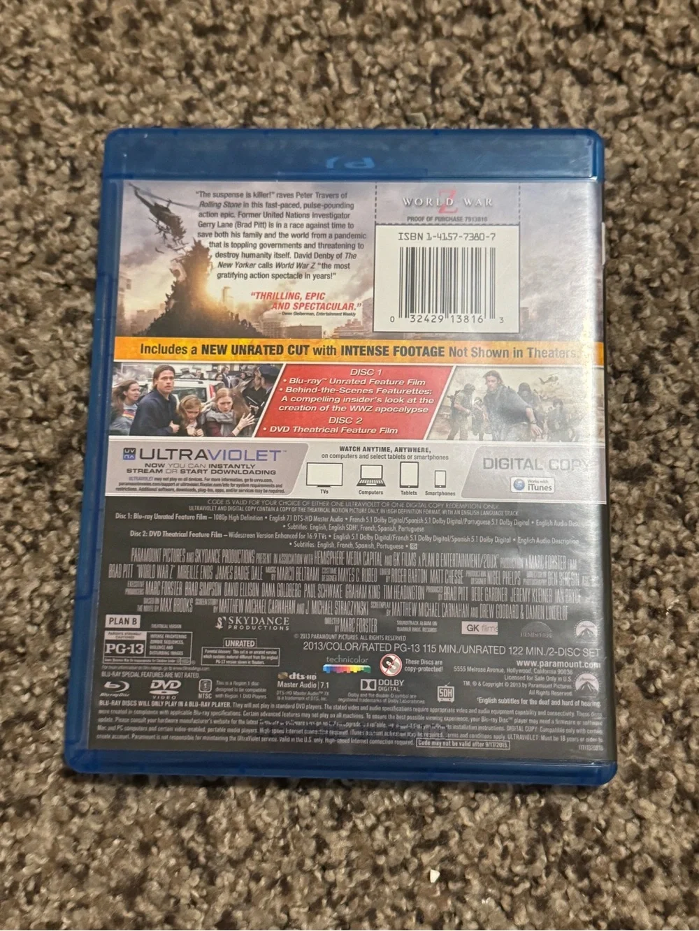World War Z Blu-ray + DVD + Digital Copy - Blue Case
